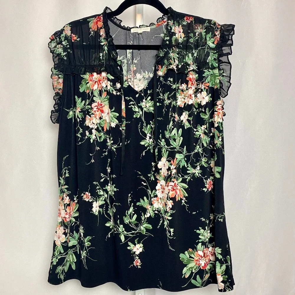 Joie Womenʻs Plus Size Sleeveless Black Floral V-neckline Blouse w/ Tie 1X